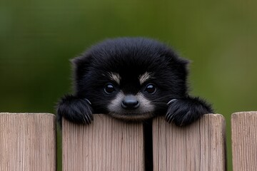 Fototapeta premium A curious and playful puppy peeking over a wooden fence, showcasing its adorable features and shining eyes.