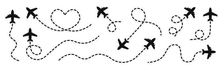 Airplane routes set. Plane tracking, planes, travel. Vector illustration.