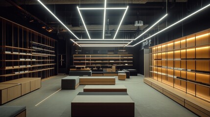 Fototapeta premium Modern retail store interior, minimalist design, shelves, lighting, display