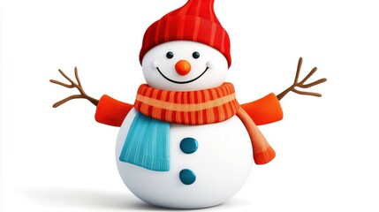 Cheerful Snowman with Red Hat and Colorful Scarf against White Background