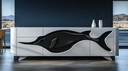 Modern Furniture Design with Artistic Black Fish Motif on Cabinet