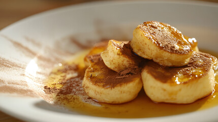 Honey drizzled over pancakes with a dusting of cinnamon for a sweet breakfast treat.