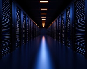 Fototapeta premium A dark hallway lined with storage units illuminated by soft lights, creating a mysterious and futuristic atmosphere.