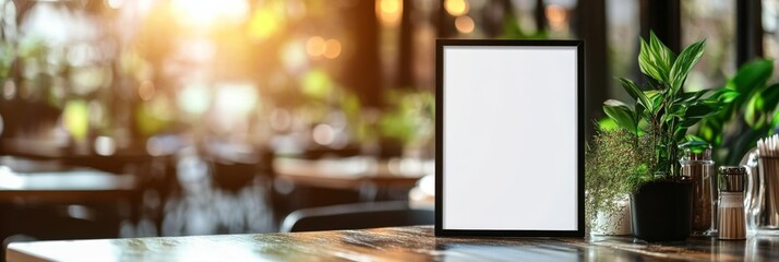 Fototapeta premium Blank Menu Frame in a Cozy Cafe Setting - Restaurant Mockup