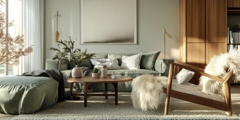 Modern Living Room Decor Sage Green Sofa Wooden Accents