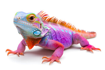Obraz premium Rainbow colors reptilian Iguana sitting on white backdrop