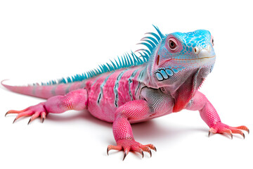 Obraz premium Rainbow colors reptilian Iguana sitting on white backdrop