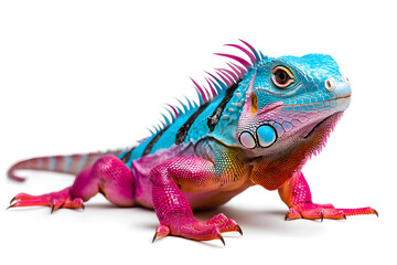 Obraz premium Rainbow colors reptilian Iguana sitting on white backdrop