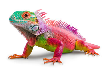 Fototapeta premium Rainbow colors reptilian Iguana sitting on white backdrop