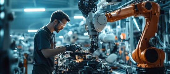 Factory worker with robotic arm, assembly line background, industrial automation
