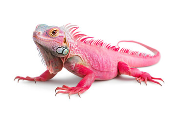 Obraz premium Rainbow colors reptilian Iguana sitting on white backdrop