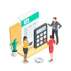 isometric vector business men and women work in team with statistics, in color on white background, financial data analysis and processing