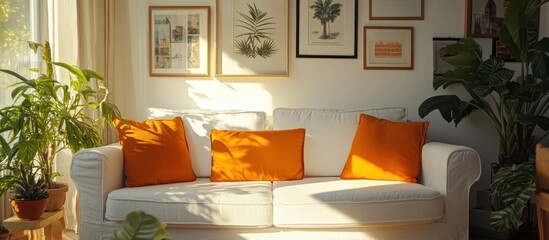 Sunlit Living Room with Orange Pillows and Plants