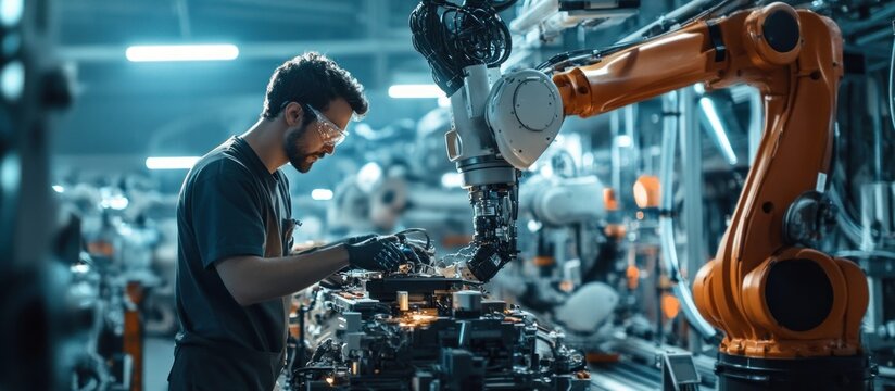 Factory worker with robotic arm, assembly line background, industrial automation