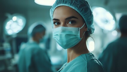 Female medical professional in surgical attire and protective mask looking determined in operating room with dramatic teal lighting and bokeh effect in background.