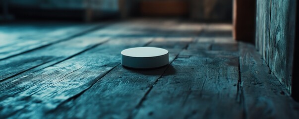 White cylinder on rustic wooden floor, dark room background, product display