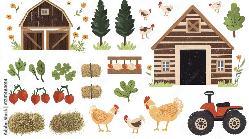 Poster rustic farm clipart set with simple design elements on white background for creative projects