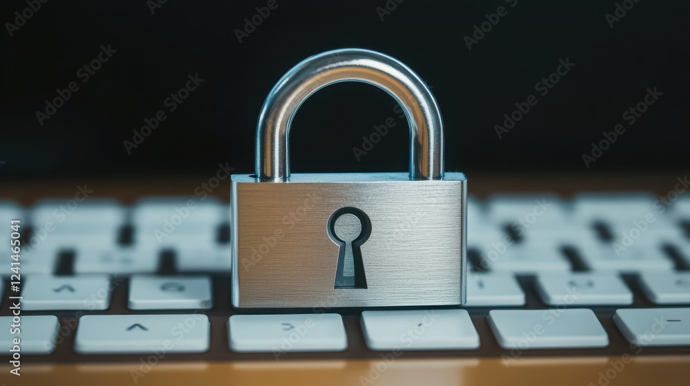 Poster a close-up of a metallic padlock on a keyboard, symbolizing security and protection in the digital a