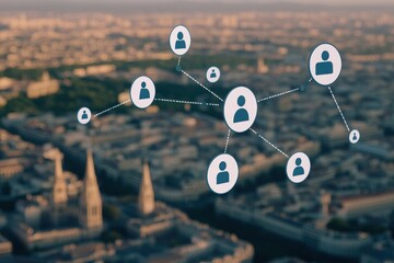 A conceptual image illustrating social connections and networking with urban background, highlighting modern communication methods.