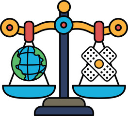 A scale with a globe on one side and a cross on the other