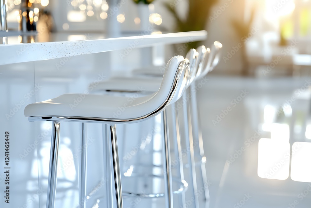 Aufkleber modern white bar stools in row at counter with blurred background and soft natural lighting create m