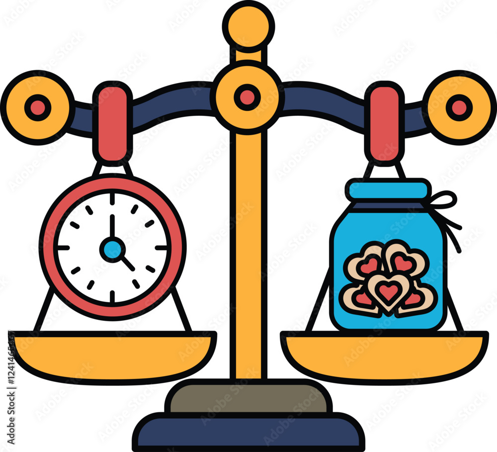 Poster a scale with a clock on one side and a jar of cookies on the other