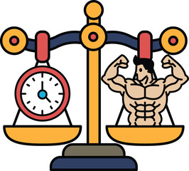 A man with a muscular build is standing on a scale that is balanced by a clock