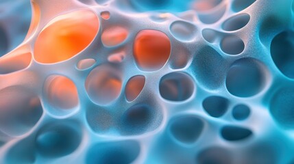 Abstract porous structure, glowing orange, blue background, medical research