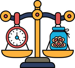 A scale with a clock on one side and a jar of cookies on the other