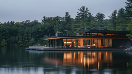 Obraz premium Envision a sophisticated lake house designed as the ultimate retreat, combining natural beauty with modern luxury. 