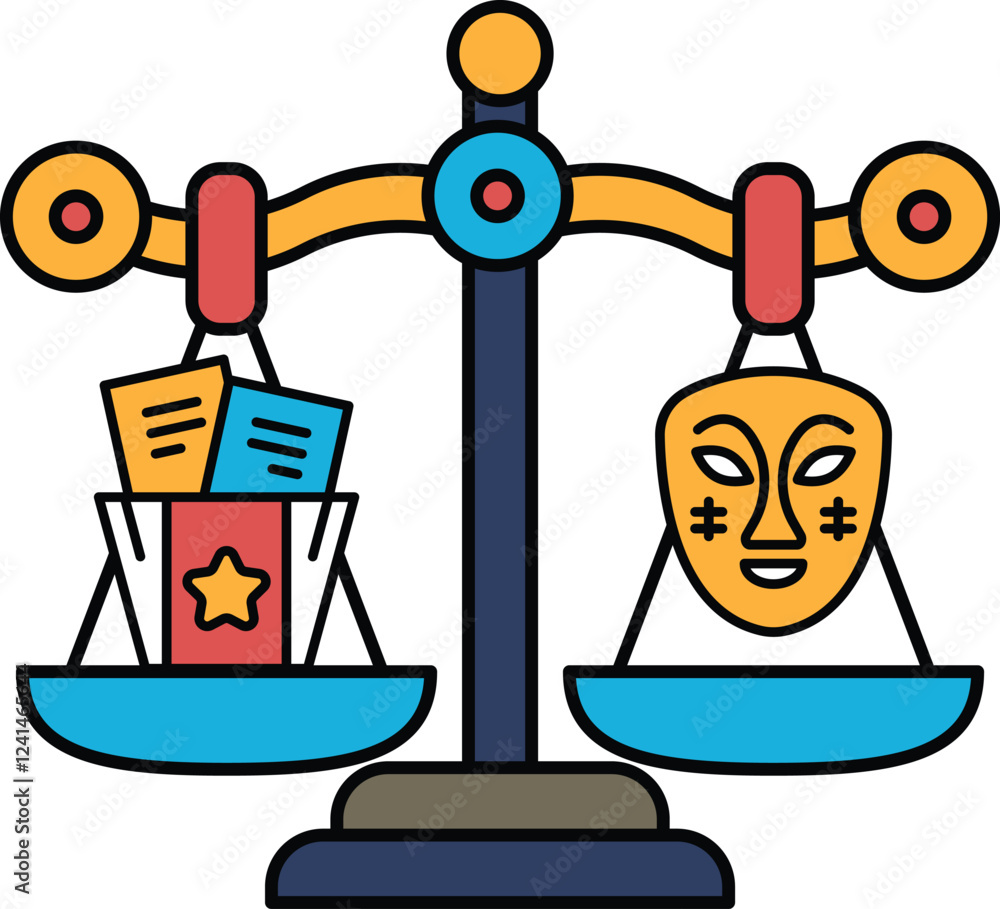 Poster a scale with a mask on one side and a stack of papers on the other