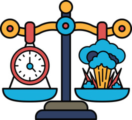 A scale with a clock on one side and a cloud on the other