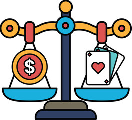 A scale with a dollar sign on one side and a deck of cards on the other