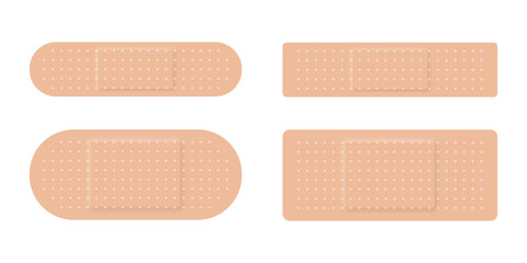 Set of bandage.Adhesive medical plaster isolated on white background.First aid tape for wound.Vector graphic elements.