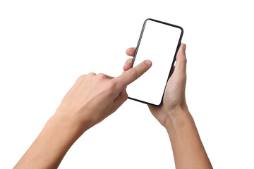 Man with modern smartphone on white background, closeup