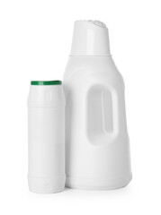 Bottles of cleaning products isolated on white