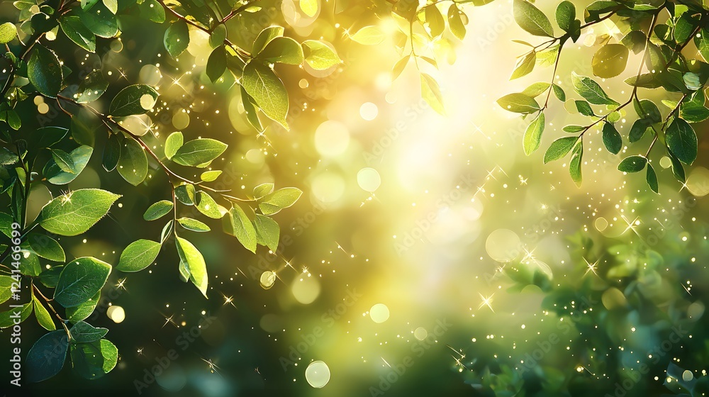 Poster spring foliage with sunlight creating a warm ambiance. generative ai