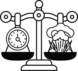 A scale with a clock on one side and a cloud on the other