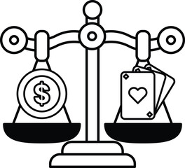 A scale with a dollar sign on one side and a deck of cards on the other