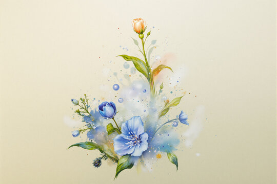 Beautiful watercolor floral arrangement featuring blue and peach tones on a soft beige background