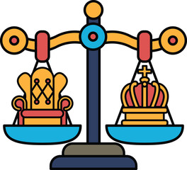 A scale with two crowns on either side and a chair on the left side