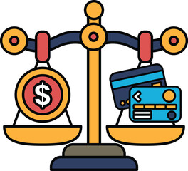 A scale with a dollar sign on one side and a credit card on the other
