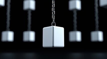 A hanging white cube suspended by a chain, showcasing modern design in a minimalistic style against a dark background.