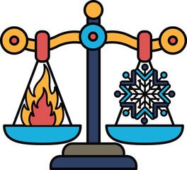 A scale with a fire on one side and snow on the other