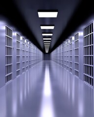 Fototapeta premium A long, empty hallway in a modern prison with rows of bars and fluorescent lights illuminating the space.