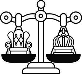 A black and white drawing of a scale with two crowns on either side