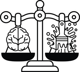 A scale with a brain on one side and a paintbrush on the other