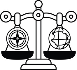 A black and white drawing of a scale with a compass on one side