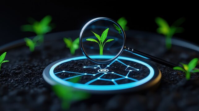 A magnifying glass focuses on a sprouting plant, symbolizing growth and environmental sustainability in a digital world.