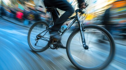 Cyclist speeding through city street, blurred background, urban commute